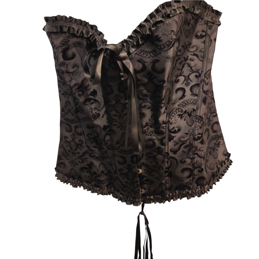 Plus Size 1X Black Brocade Bustier Lace Backing Boning Goth Punk Satin Ruffles